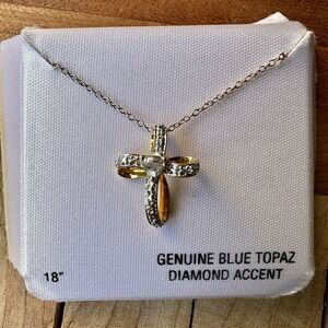 Ross‎ Simons Pendant Necklace 18 Inch Cross Topaz Diamond 18K 925 Sterling 2.2g